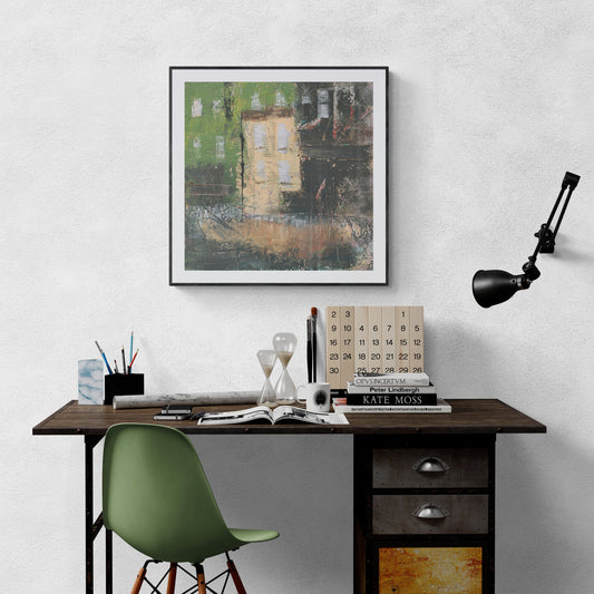 abstract row house, architectural art print, square wall art, green, yellow black art for small spaces