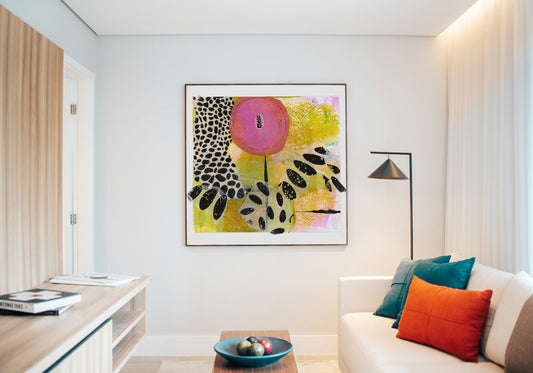 Abstract flower art print, pink camelia floral, square wall art, black dots, polka dots