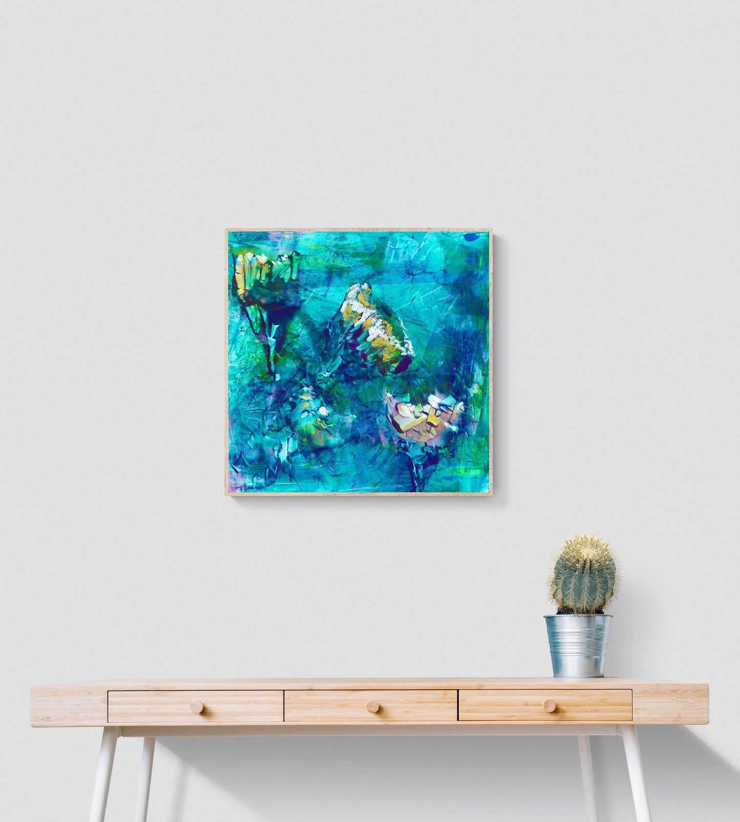 Abstract Blue Floral Wall Art, Blue Yellow Gold Flower Wall Art, Square Art for your Wall Art Print