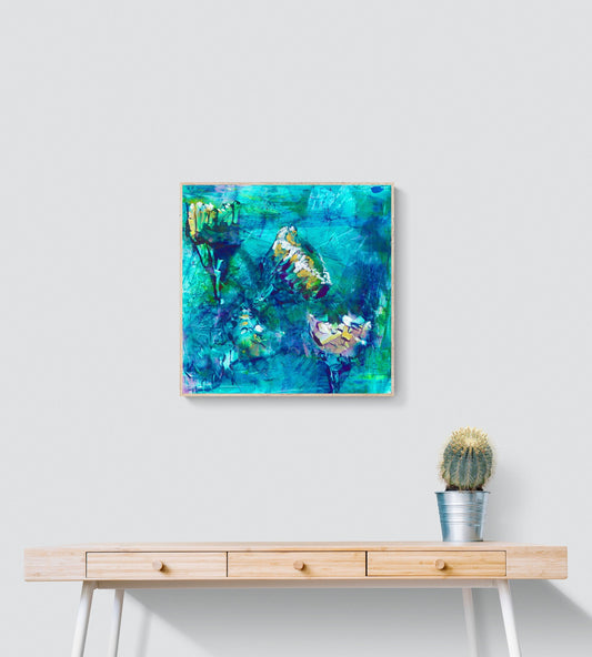 Abstract Blue Floral Wall Art, Blue Yellow Gold Flower Wall Art, Square Art for your Wall Art Print