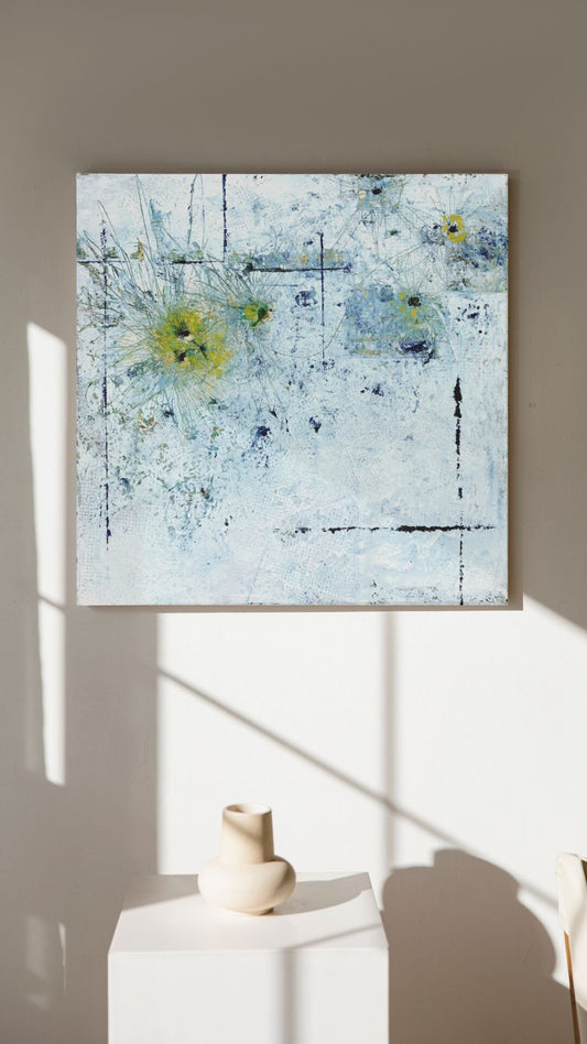 Abstract impressionism floral, flower, spring flowers wall art, square art, fine art print, yellow, blue abstract flowers