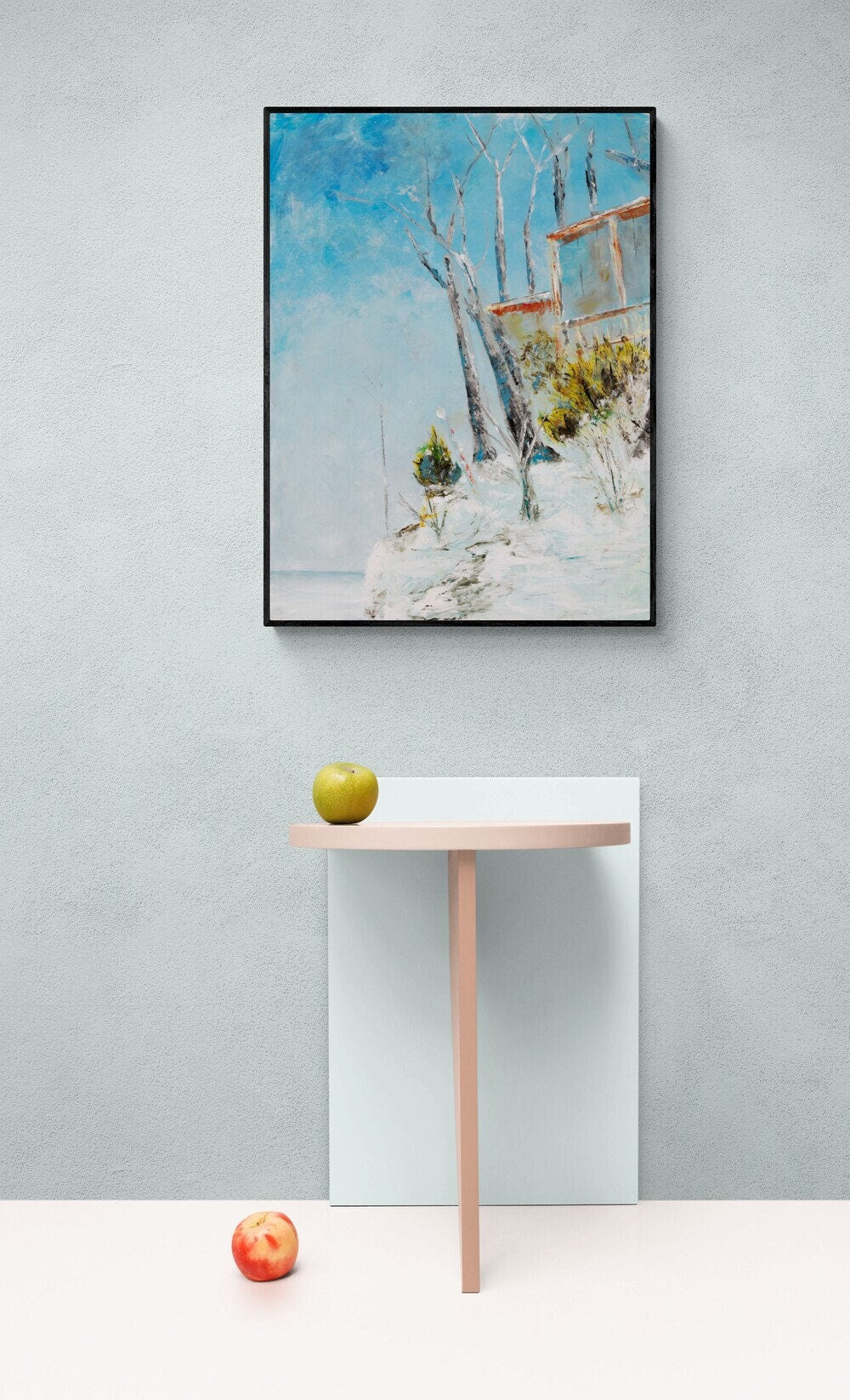 Winter water scene, blues, whites, reds, impressionistic fine art print, lake wall art vertical wall art, cottage art, architectural print