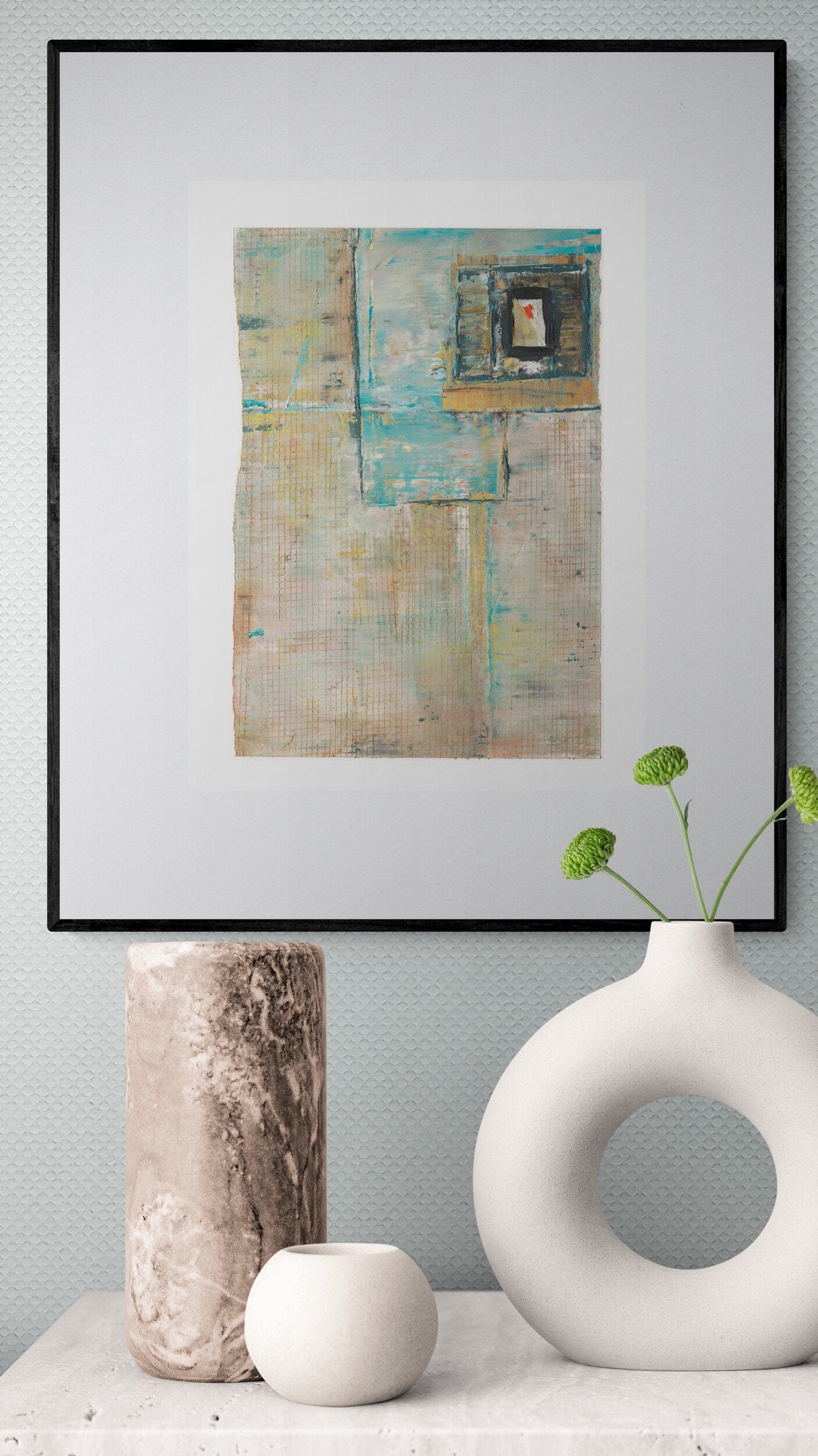 Abstract wall art with texture, turquoise, white, tan, fine art print wall art, vertical abstract wall art