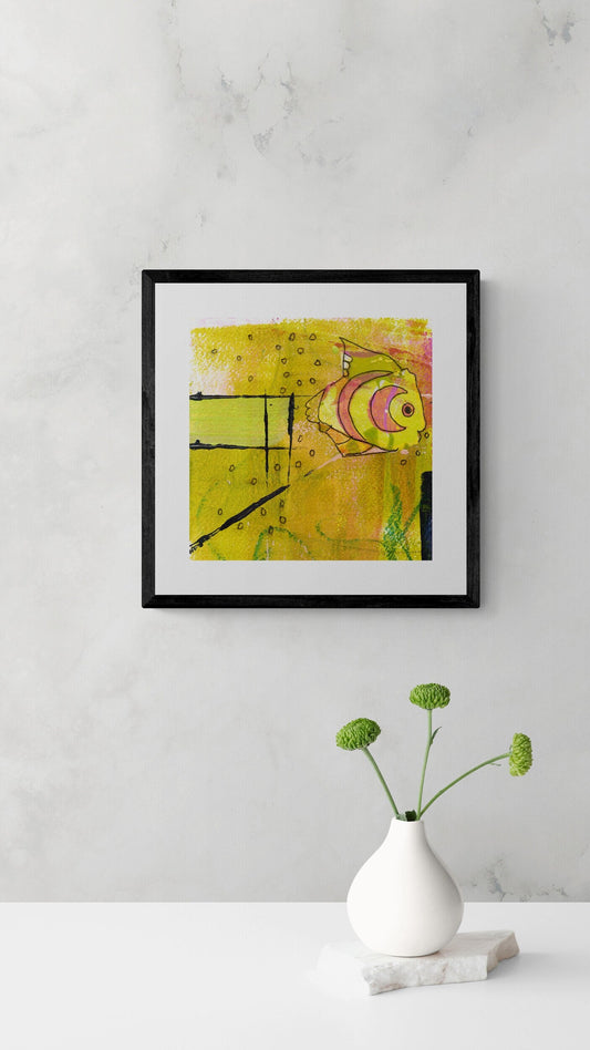 Abstract fish art print, yellow, green, pink, square wall art, kids decor