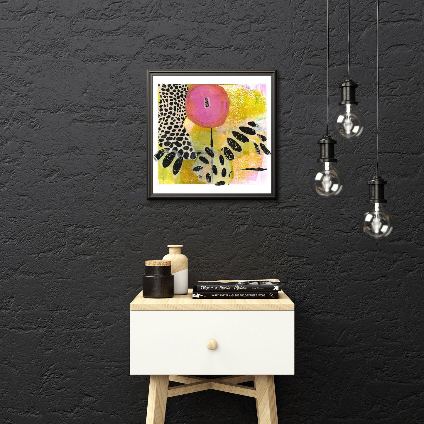 Abstract flower art print, pink camelia floral, square wall art, black dots, polka dots